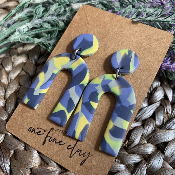 Blue & Yellow Swirls - Polymer Clay Earrings - Picture 2 of 6